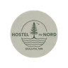 Hostel du Nord logo — a pine tree over lake waves